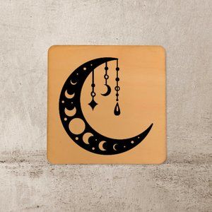 Celestial Half Moon with Crystals Set of 4 Wood Coasters Or Wall Tiles